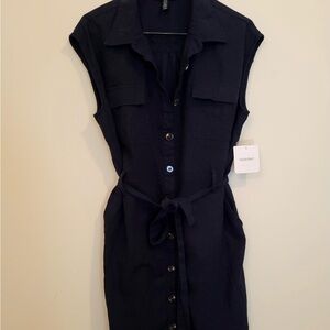 Ellen Tracy Navy Sleeveless Button-Front Shirt Dress with Tie Waist